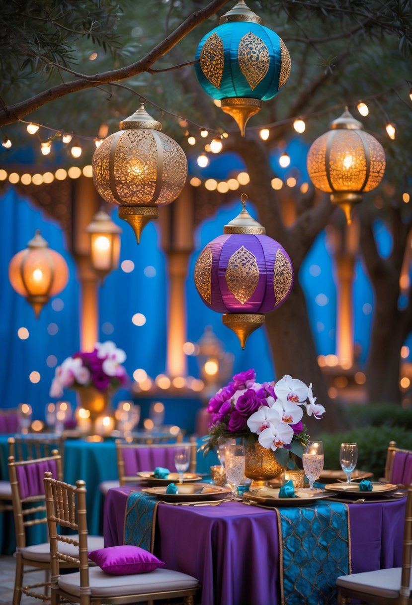 A beautifully decorated outdoor birthday party scene featuring hanging Arabian lanterns, colorful fabrics, floral arrangements, and warm glowing lights.