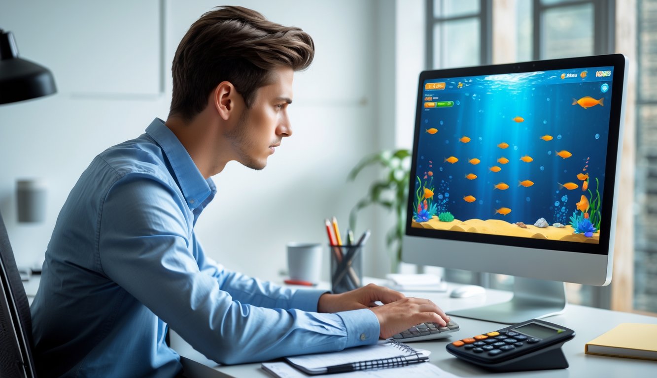 Seorang pria muda duduk di meja dengan komputer, sedang mengelola keuangan sambil bermain permainan tembak ikan online.