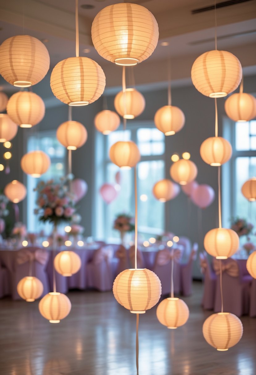 Ceiling decorated with warm glowing floating paper lanterns at a birthday party with pastel balloons and floral decorations.