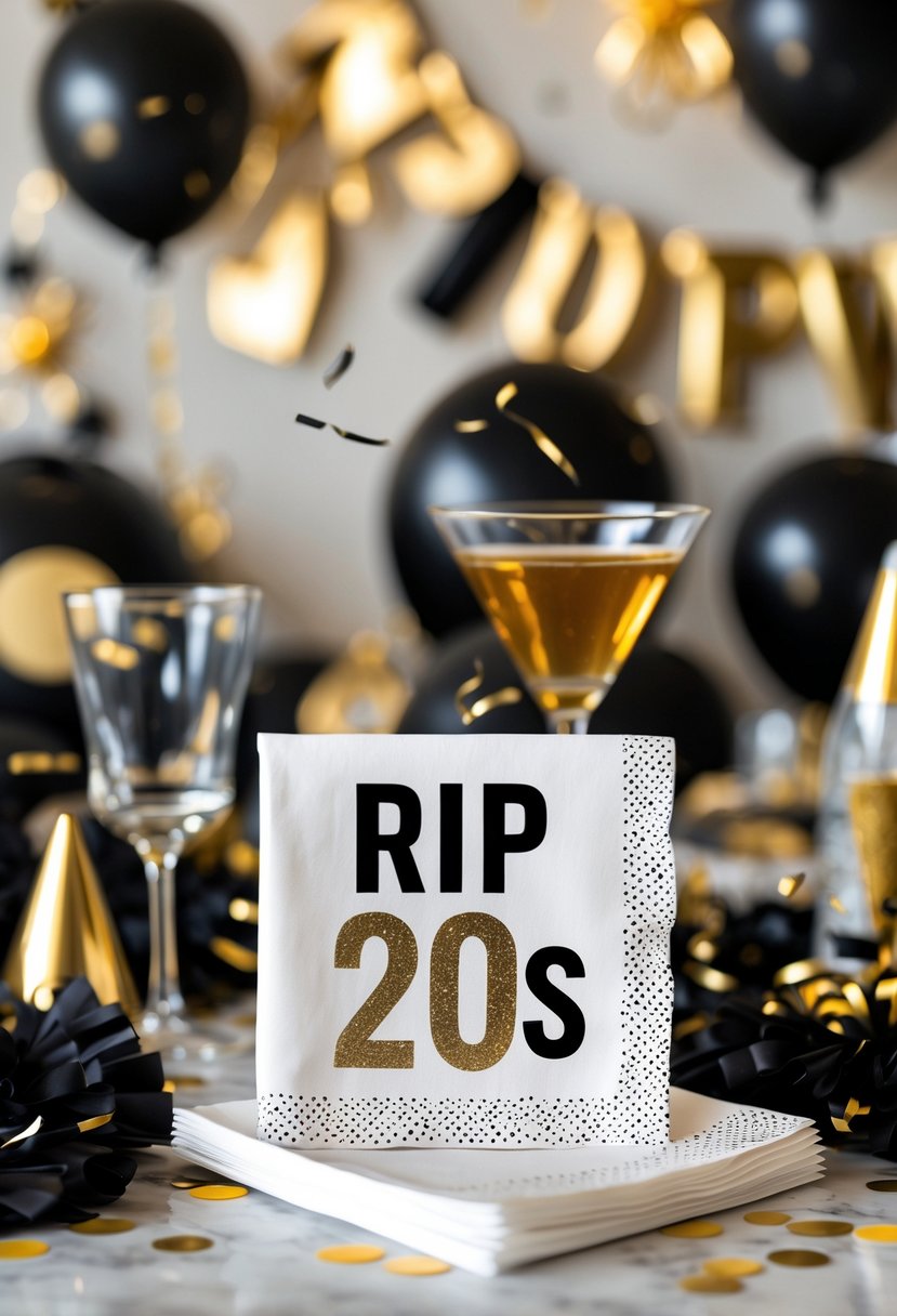 A birthday party table with custom cocktail napkins, drinks, balloons, and festive decorations in gold and black colors.