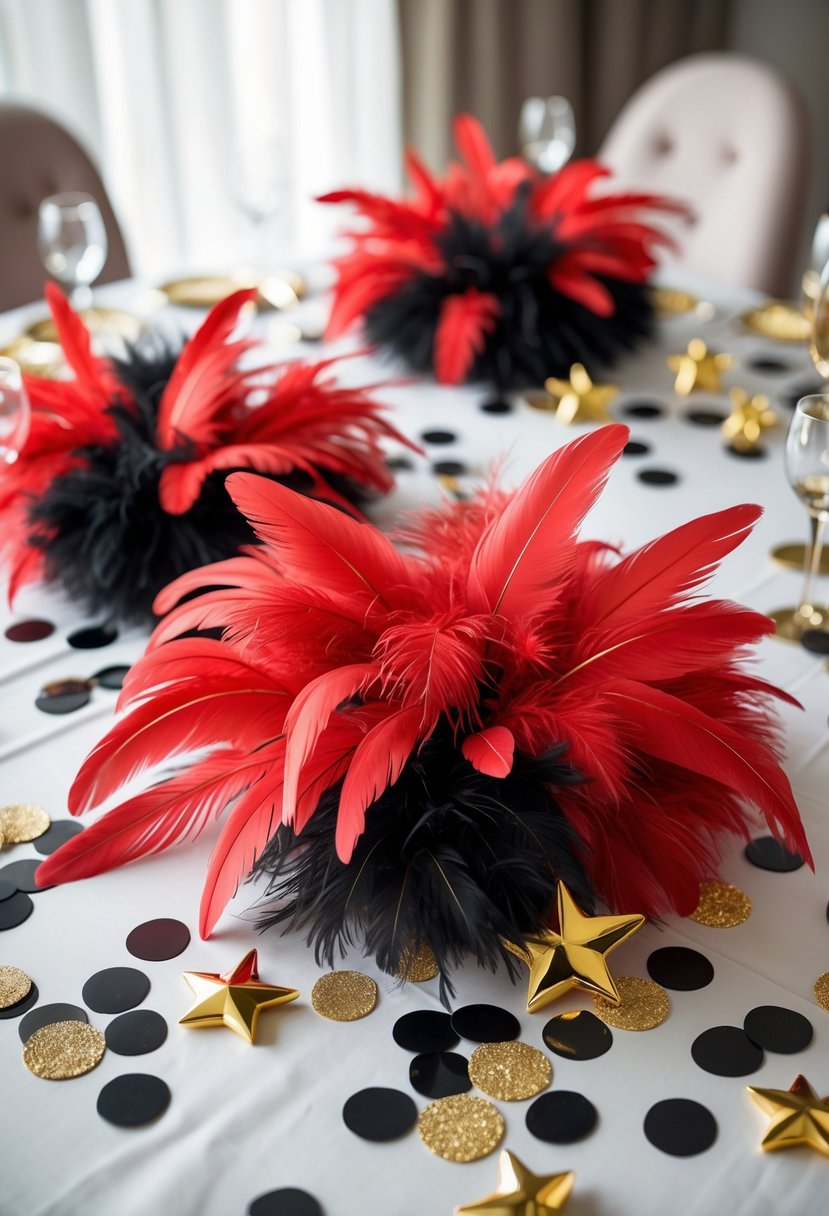A birthday party table decorated with red feathers, black and gold confetti, and small gold stars scattered across the surface.