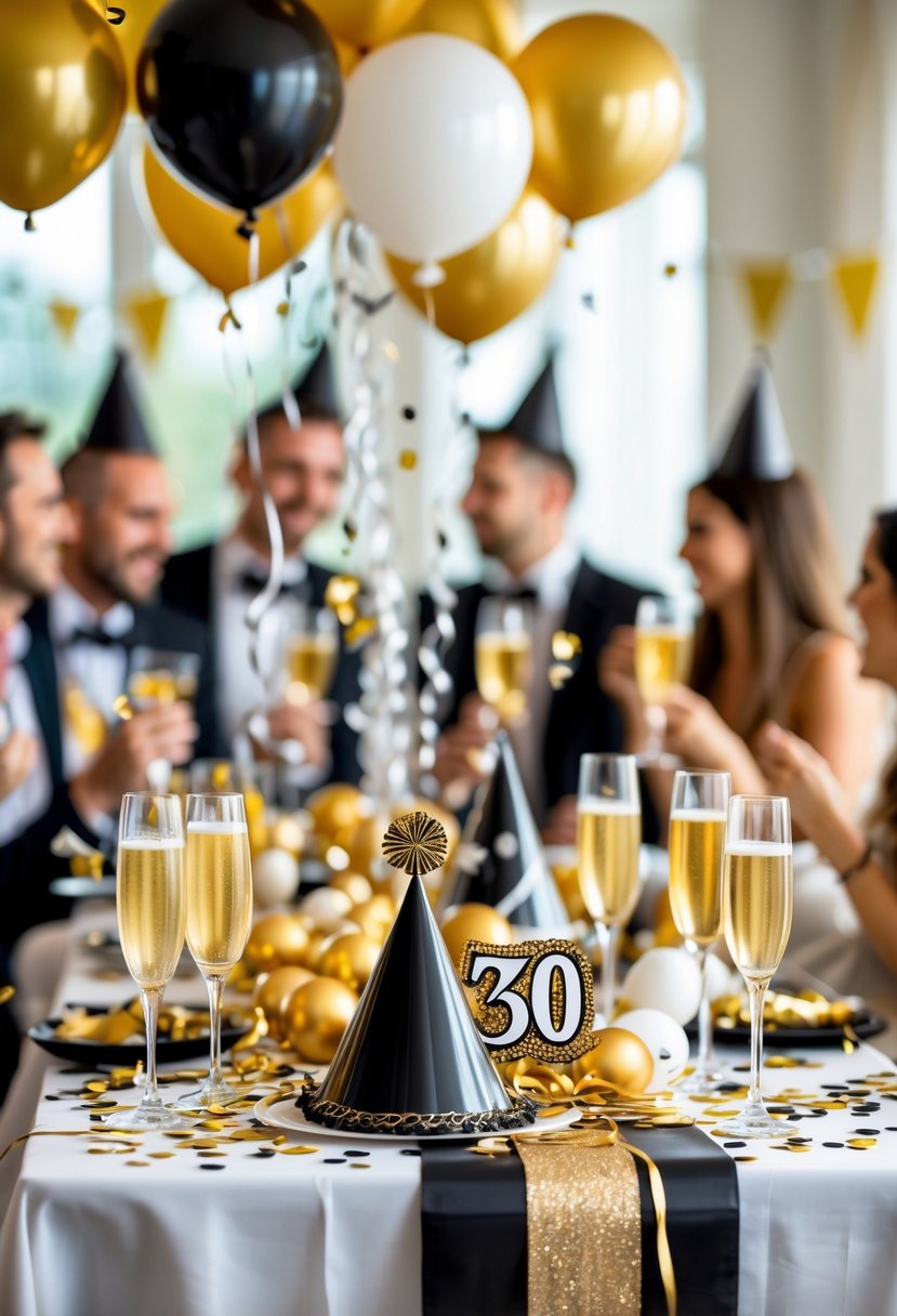 A decorated birthday party scene with balloons, confetti, champagne glasses, and a sash draped over a chair, with guests celebrating in the background.