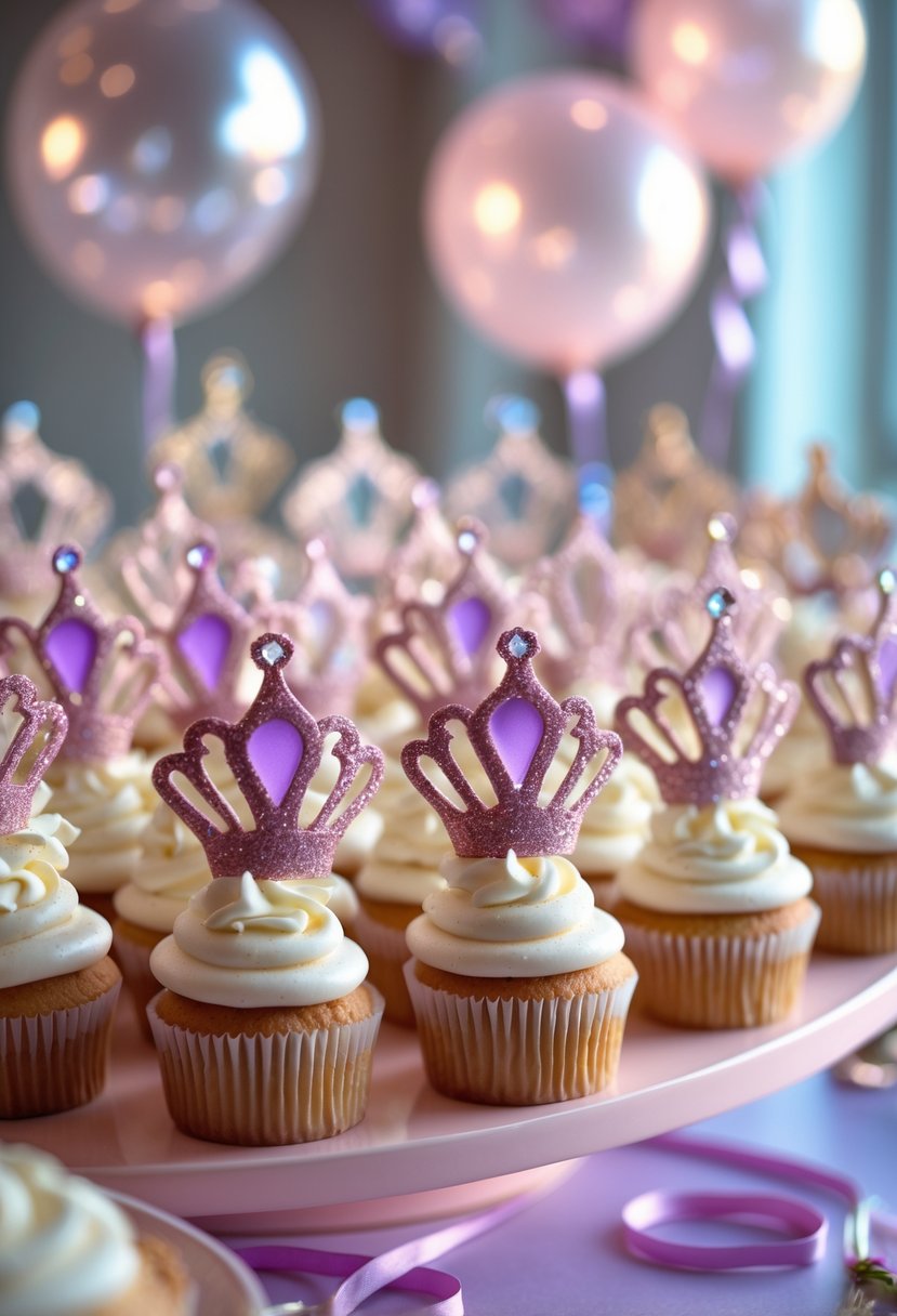 Cupcakes decorated with princess tiara toppers arranged on a pastel table with birthday party decorations in the background.
