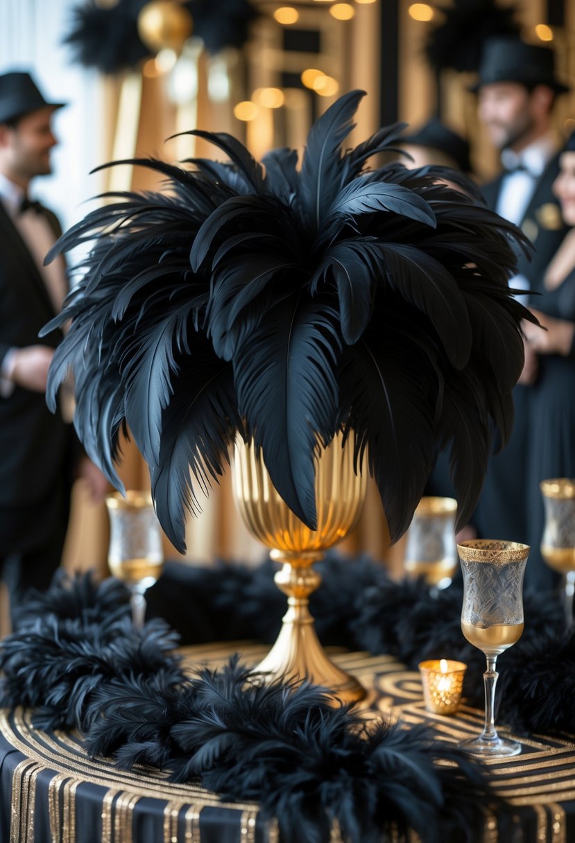 Black feather boas displayed on a decorated table at a 1920s-themed birthday party.