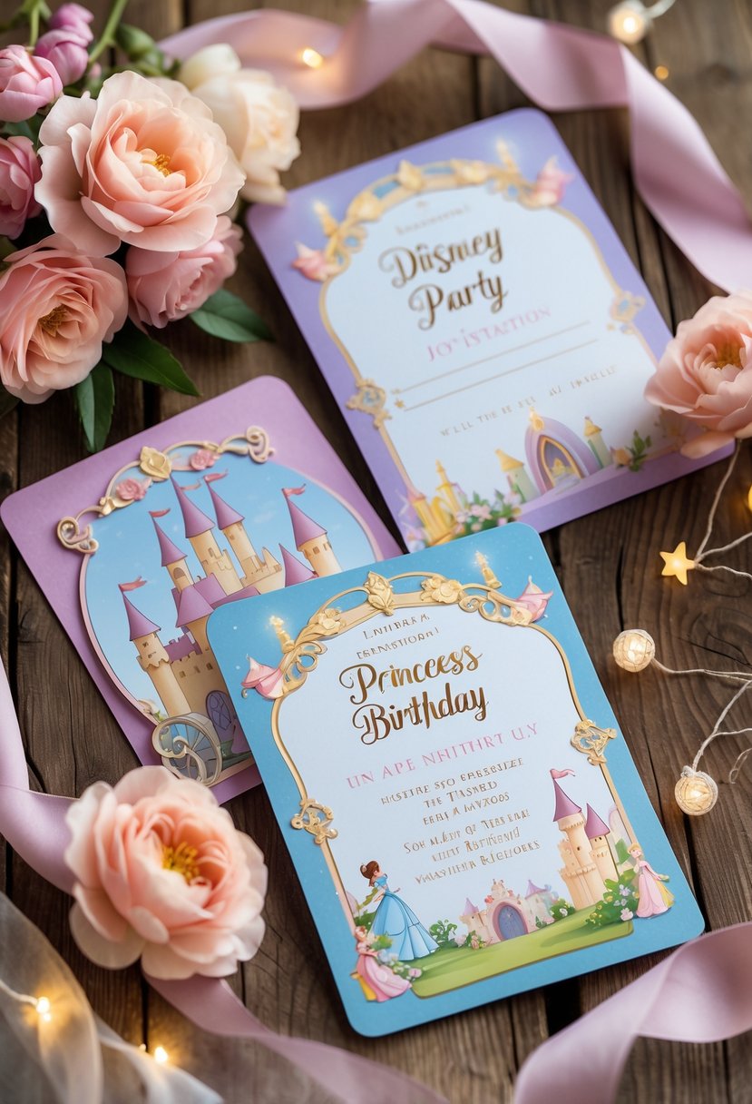 An arrangement of colorful storybook-themed birthday invitation cards surrounded by flowers and fairy lights on a wooden table.