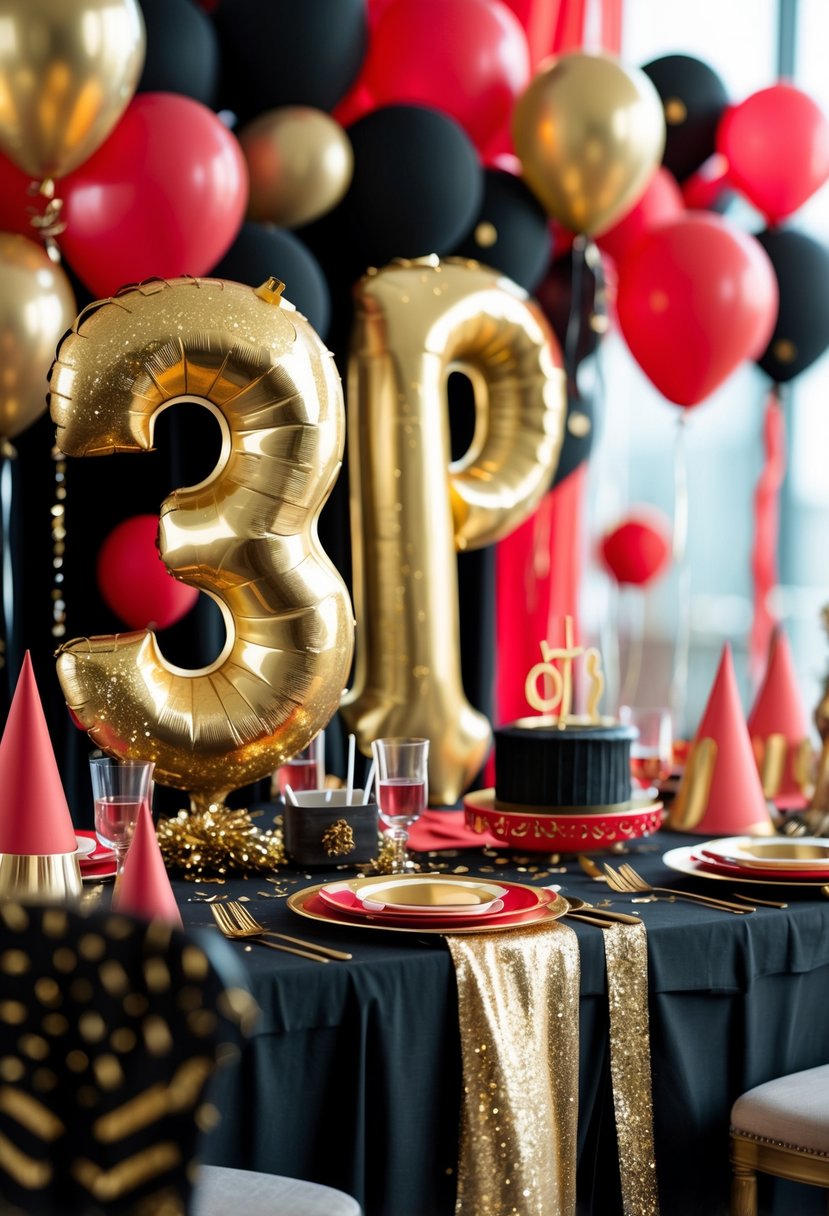 A birthday party setup with gold glitter number balloons surrounded by red, black, and gold decorations on a table.