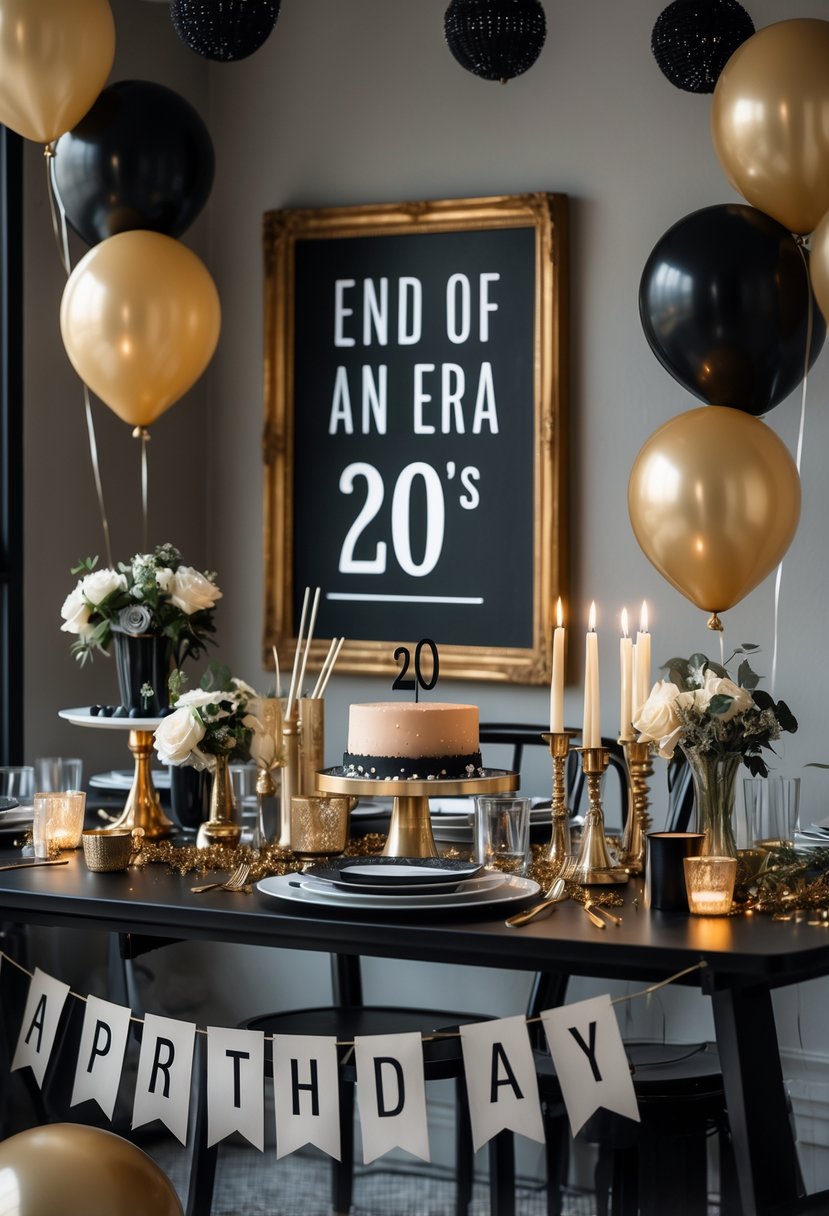 A decorated birthday party setup with balloons, floral arrangements, and chalkboard-style signs without text in a cozy indoor space.