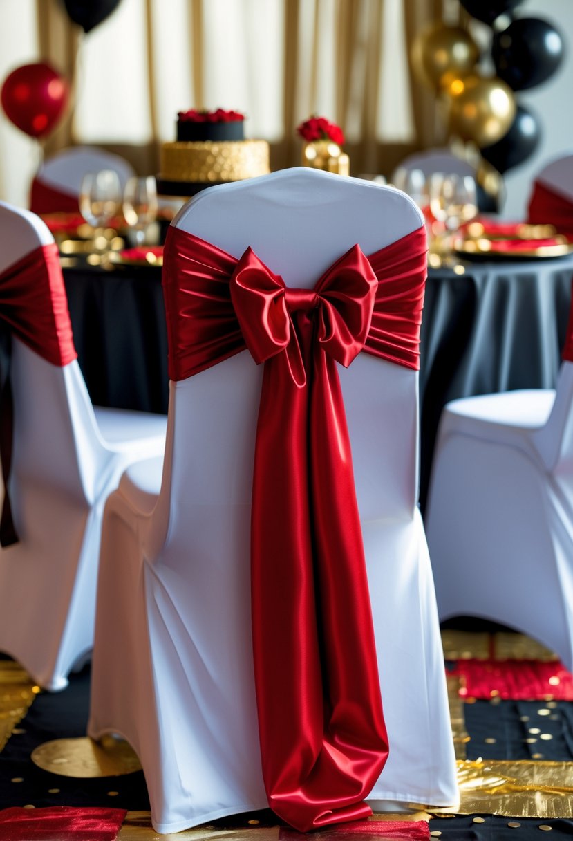 White banquet chairs decorated with red satin sashes in a birthday party setting with black and gold decorations.