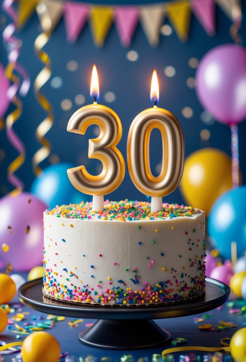 Two birthday candles shaped as the numbers 3 and 0 on a decorated birthday cake with party decorations in the background.