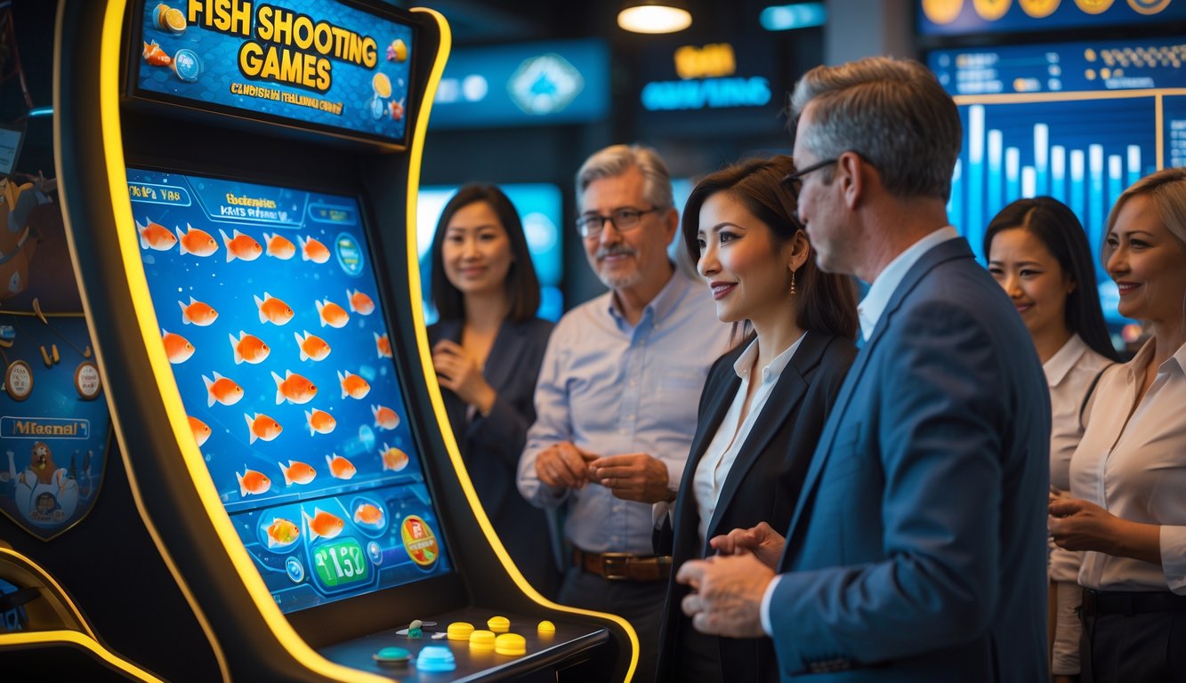 Beberapa orang dewasa sedang bermain dan mengamati mesin permainan tembak ikan di ruangan yang terang dan rapi.