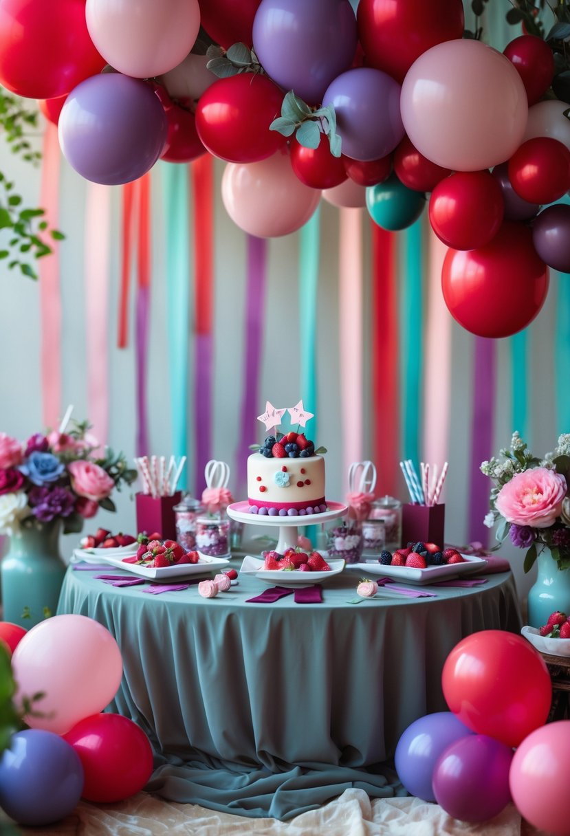 A first birthday party table decorated with balloons, a cake, and floral arrangements in reds, pinks, purples, blues, and soft greens.