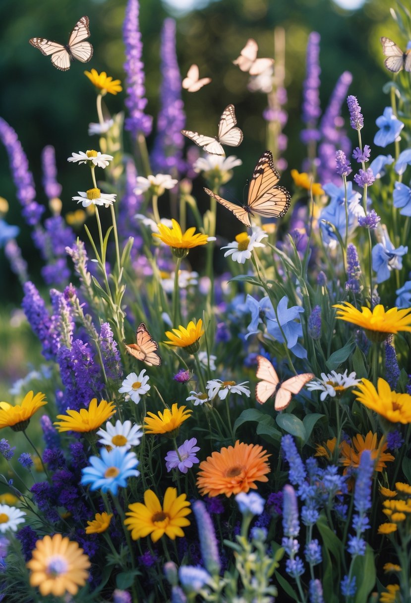 A birthday party backdrop decorated with colorful wildflowers and butterflies.