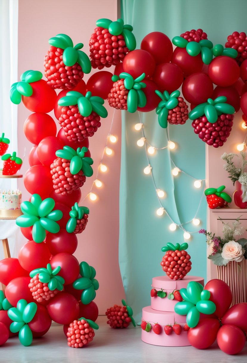 A colorful strawberry-shaped balloon garland hanging as part of a first birthday party decoration with berry-themed accents.