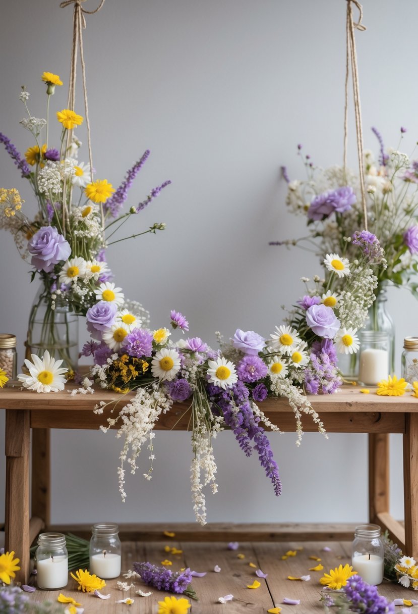 A handmade wildflower garland made of dried flowers displayed with birthday party decorations on a rustic wooden surface.