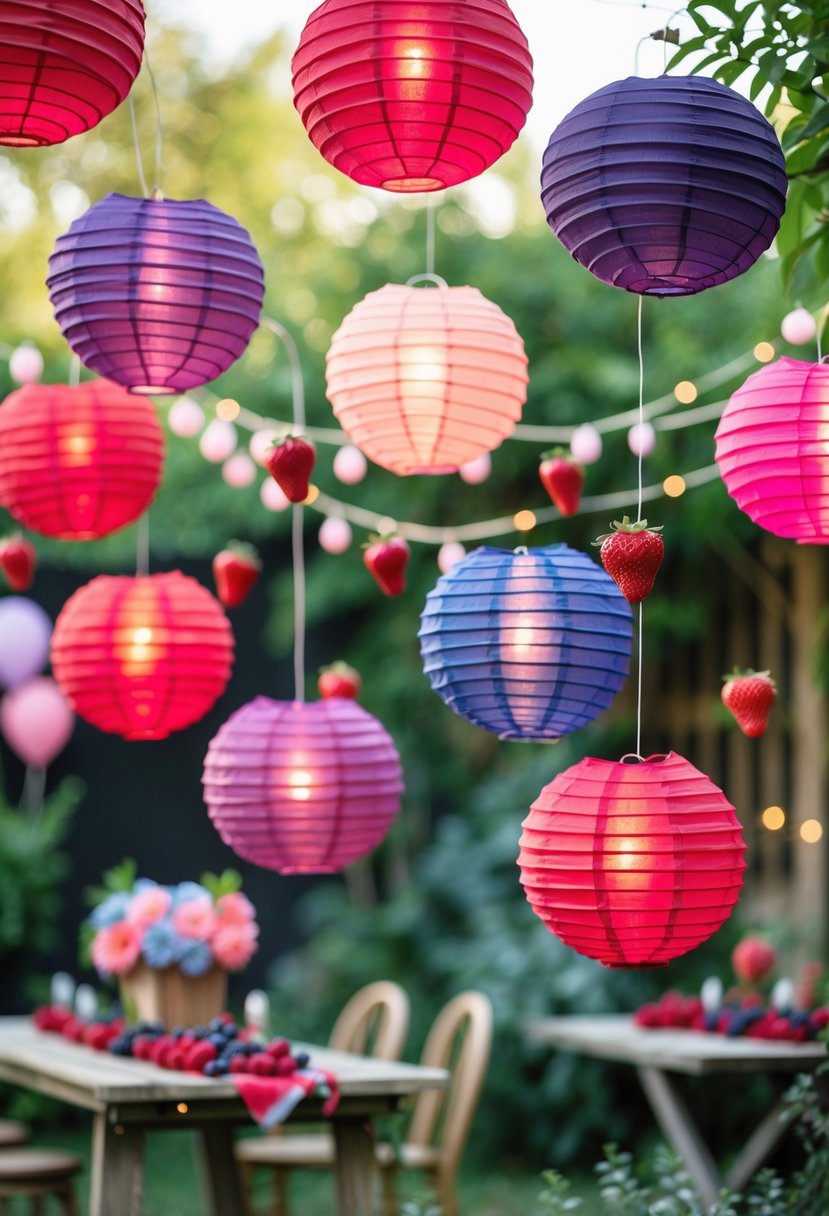 Colorful berry-themed paper lanterns hanging outdoors with greenery and party decorations in the background.