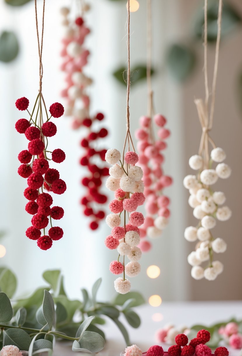 Clusters of red and pink berry decorations hanging from strings against a soft pastel background.