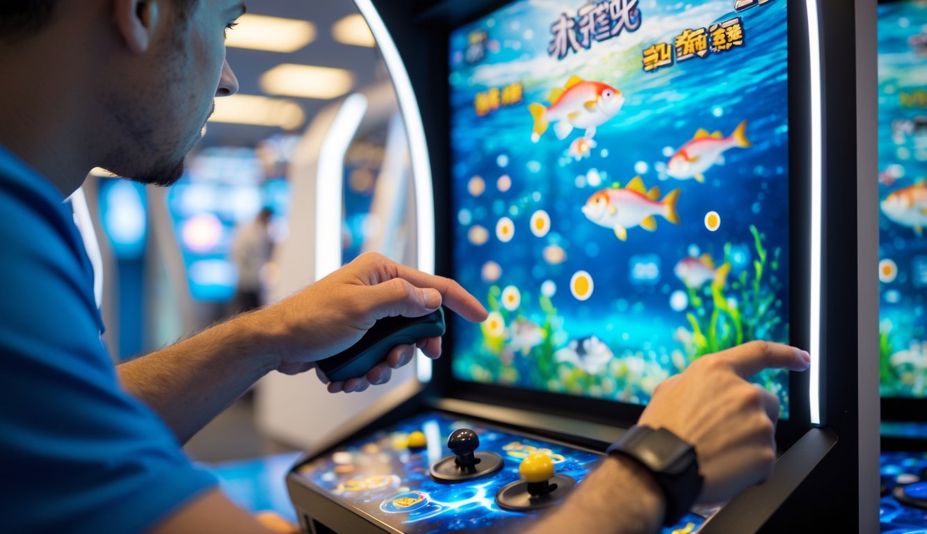 Seorang pemain fokus menggunakan mesin permainan tembak ikan dengan grafik bawah laut yang berwarna-warni.