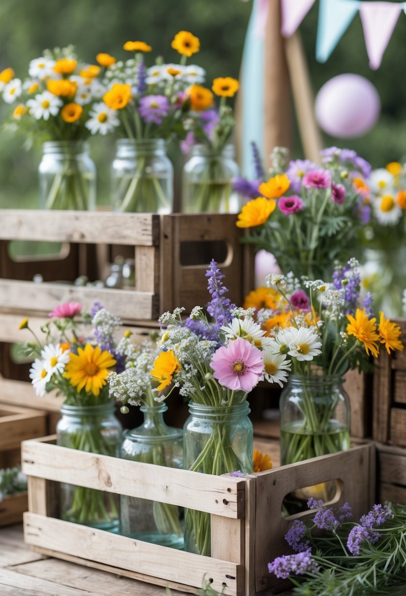 Rustic wooden crates filled with colorful wildflower bouquets arranged outdoors on a wooden surface.