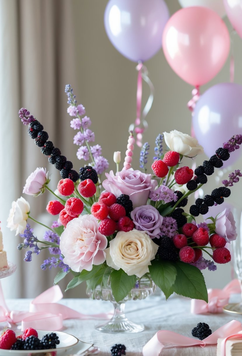 A floral centerpiece with pastel flowers and clusters of red and purple berries on a table decorated for a first birthday party.
