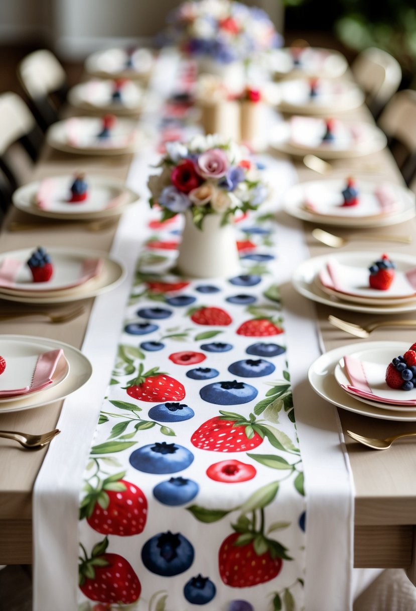A table decorated with a berry motif table runner and berry-themed birthday party decorations, including floral arrangements and cupcakes.