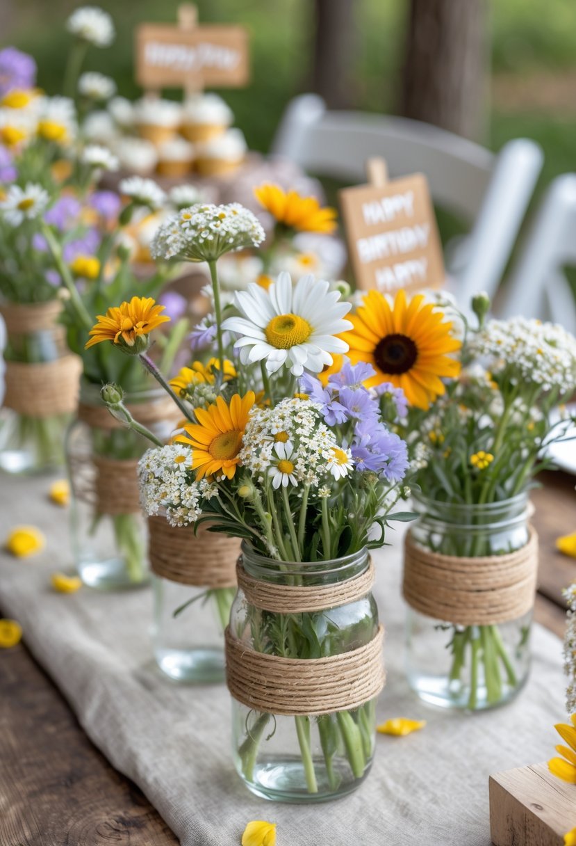 A wooden table outdoors with mason jars wrapped in twine holding wildflowers as centerpieces for a birthday party.