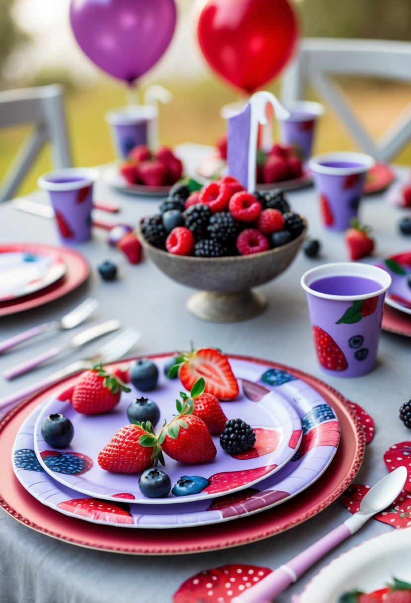 A first birthday party table set with berry-printed plates and napkins, decorated with fresh berries and colorful balloons.