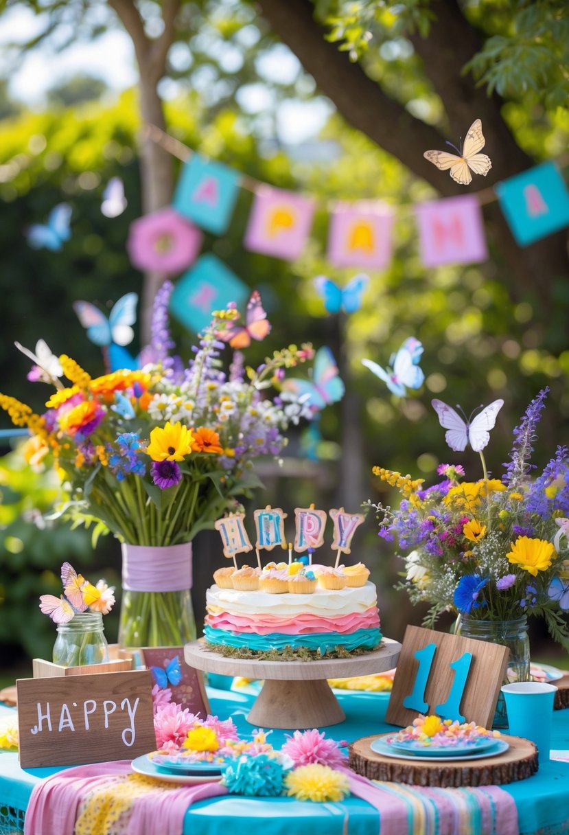 A colorful birthday party table decorated with wildflowers and butterfly ornaments in a sunny garden setting.