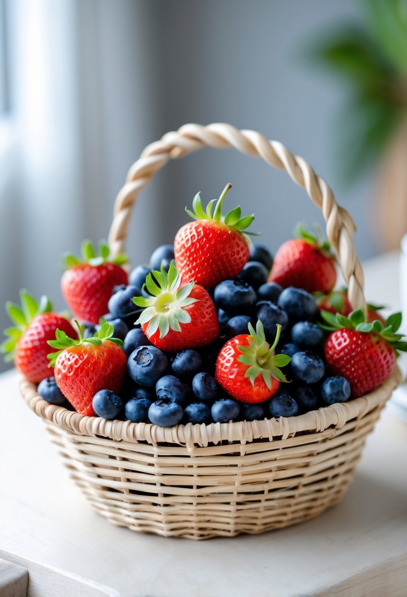 A fruit basket centerpiece filled with fresh strawberries and blueberries on a wooden table.