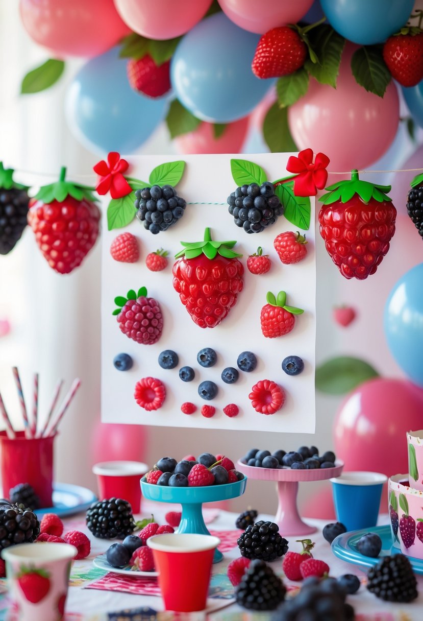 A birthday party setup with a berry-themed banner and decorations featuring strawberries, blueberries, raspberries, and blackberries hanging above a decorated table with balloons and berry-inspired party items.