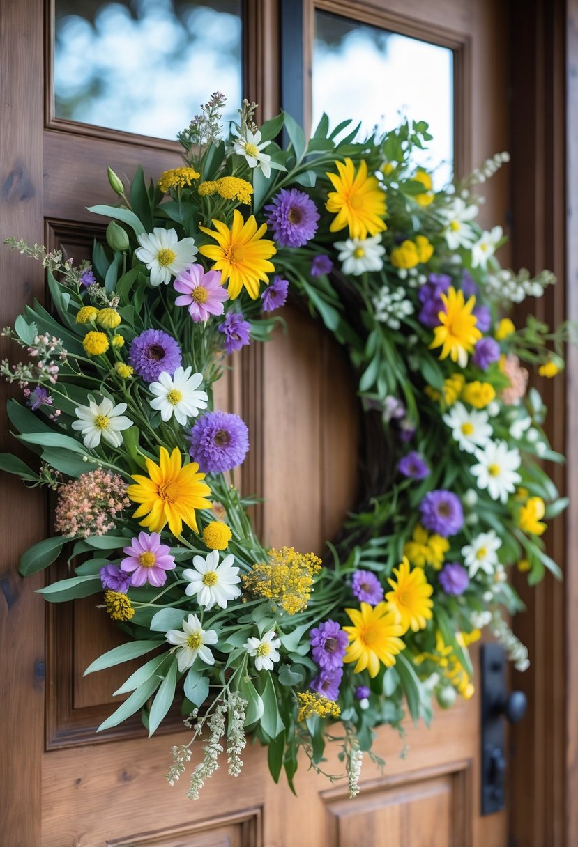 A colorful wildflower wreath hanging on a wooden door, made of mixed fresh flowers and greenery.