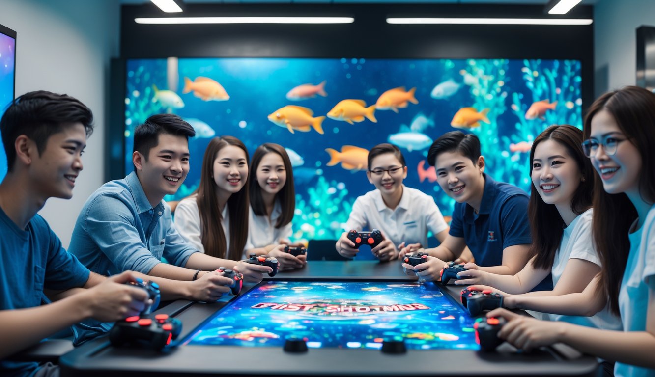 Sekelompok orang muda sedang bermain permainan tembak ikan di meja digital dengan layar warna-warni di ruangan yang terang dan nyaman.