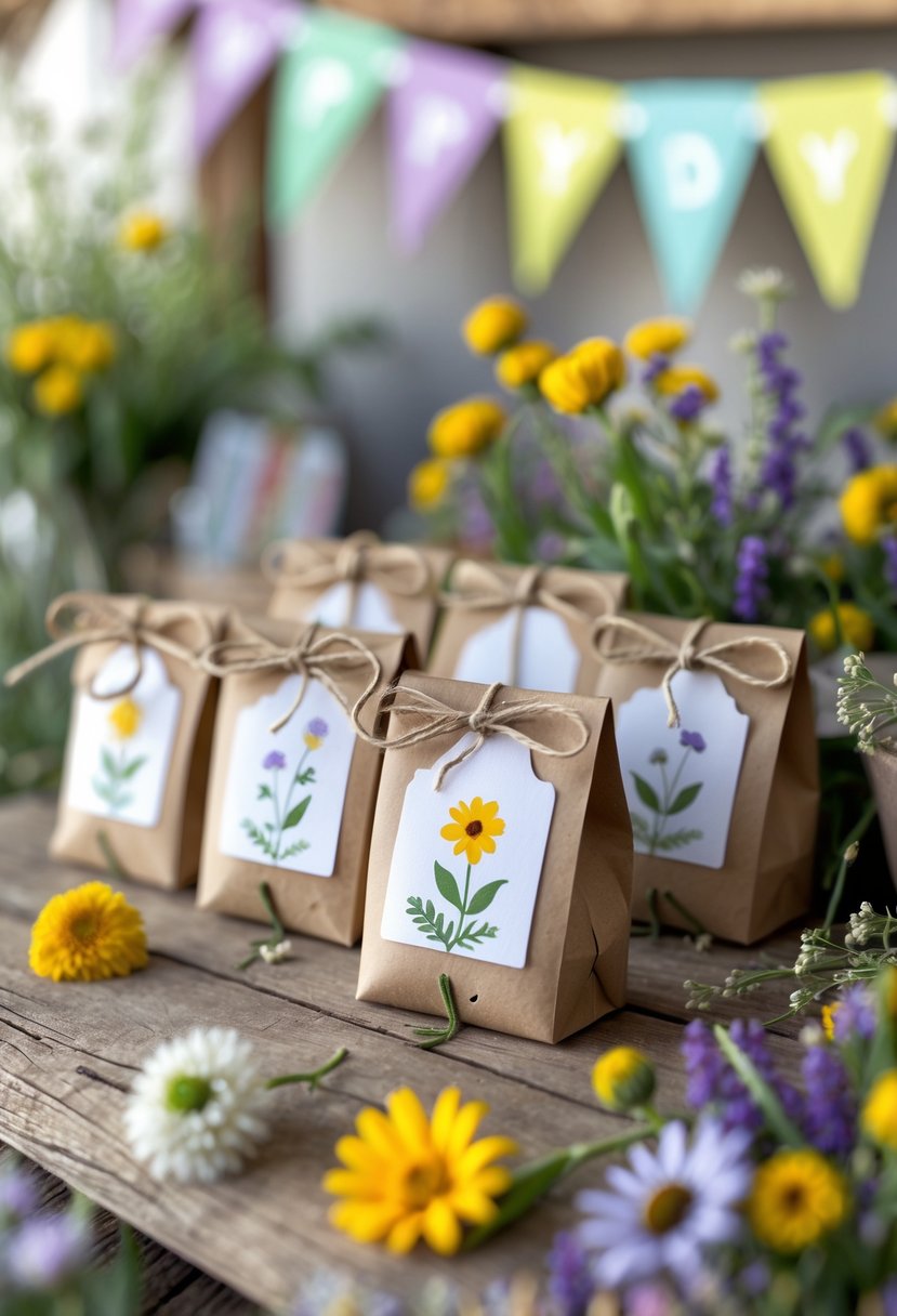 A table displaying handmade wildflower seed packets tied with twine, surrounded by fresh wildflowers and subtle birthday party decorations.