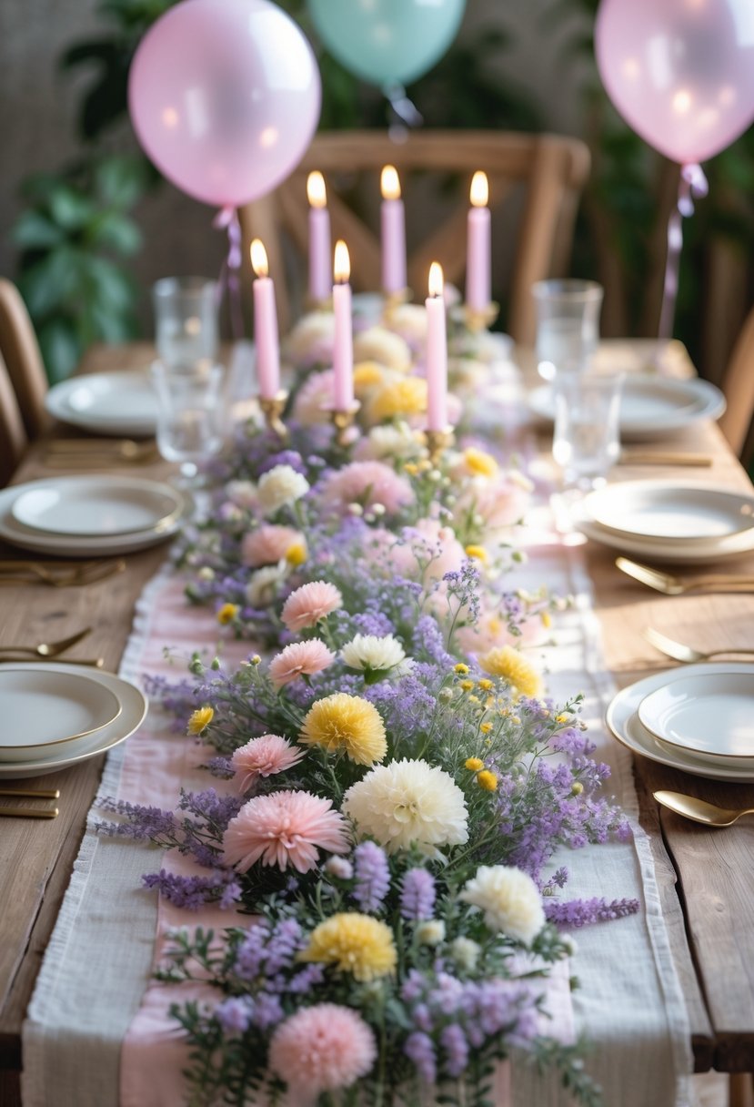 A wooden table decorated with a pastel wildflower table runner and birthday party decorations including balloons, candles, and tableware.