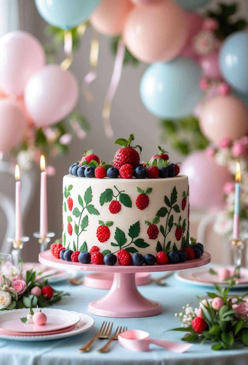 A cake stand with a berry pattern on a decorated table for a first birthday party.
