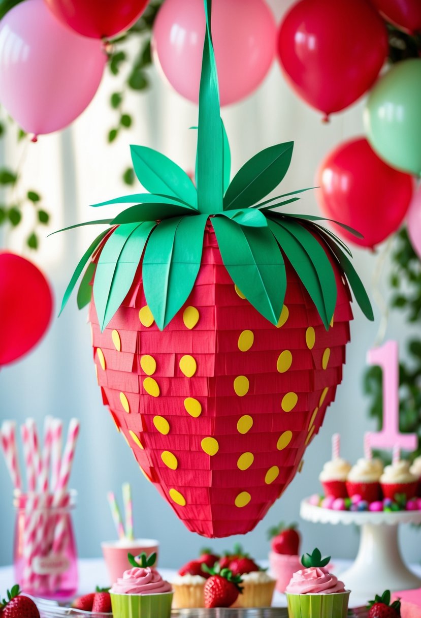A strawberry-shaped piñata hanging among balloons and birthday decorations at a child's first birthday party.