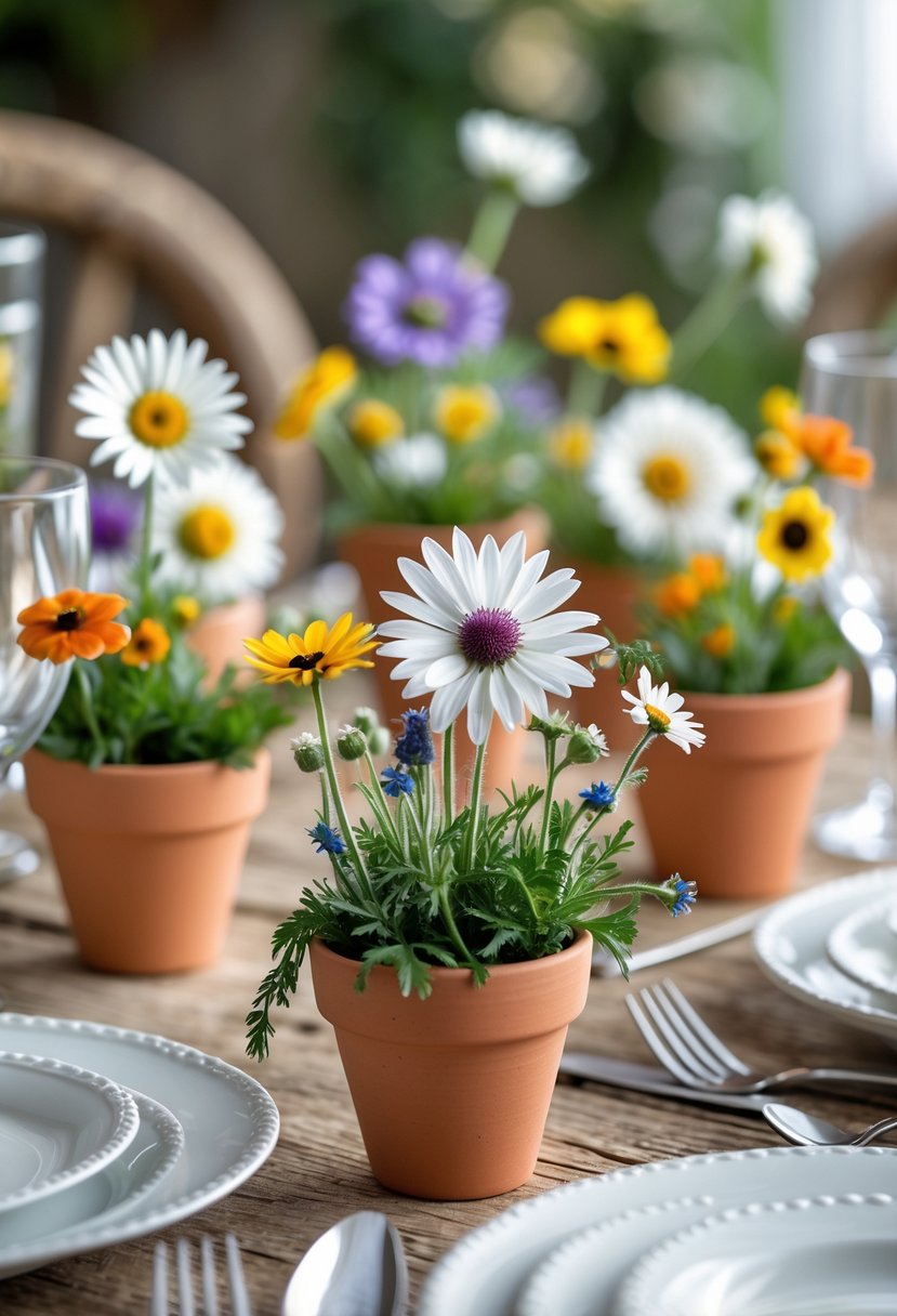 A table set for a birthday party with small pots of wildflowers placed as placeholders in front of each plate.