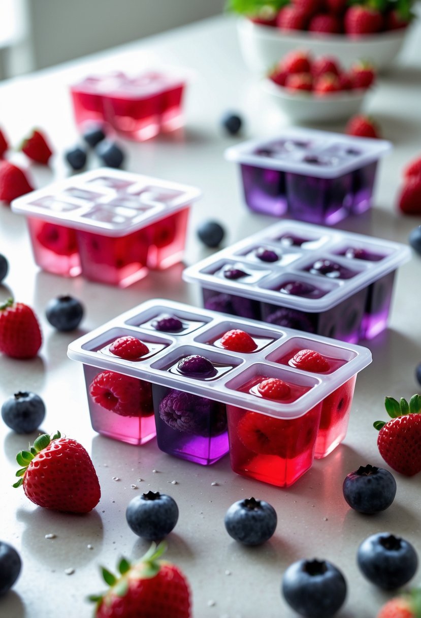 Berry-shaped ice cube molds filled with colorful berry juices surrounded by fresh raspberries, blueberries, and strawberries on a kitchen countertop.