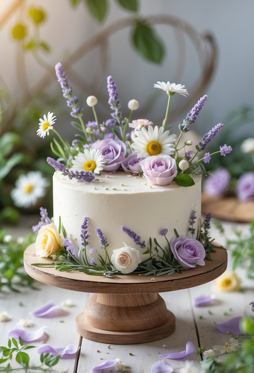 A small white birthday cake decorated with fresh wildflowers on a wooden stand surrounded by flower petals and greenery.