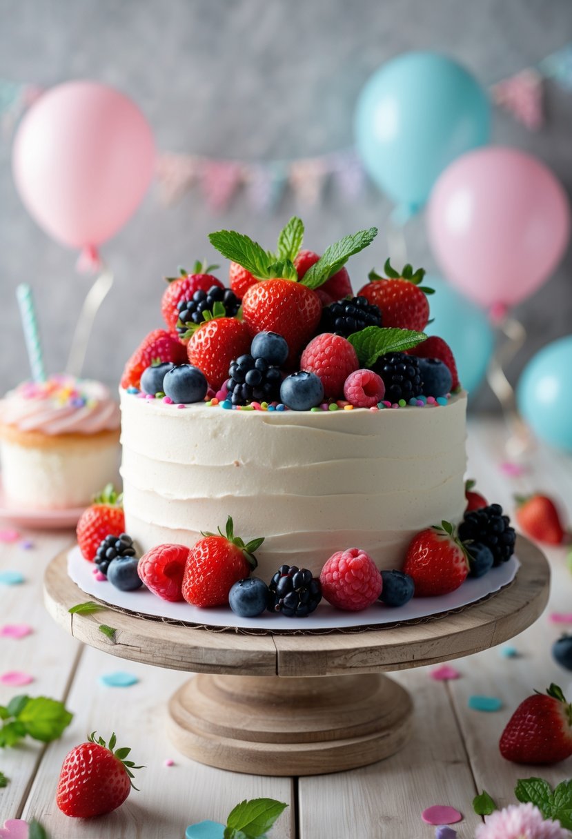 A small white frosted cake topped with assorted fresh berries on a wooden stand surrounded by birthday decorations.