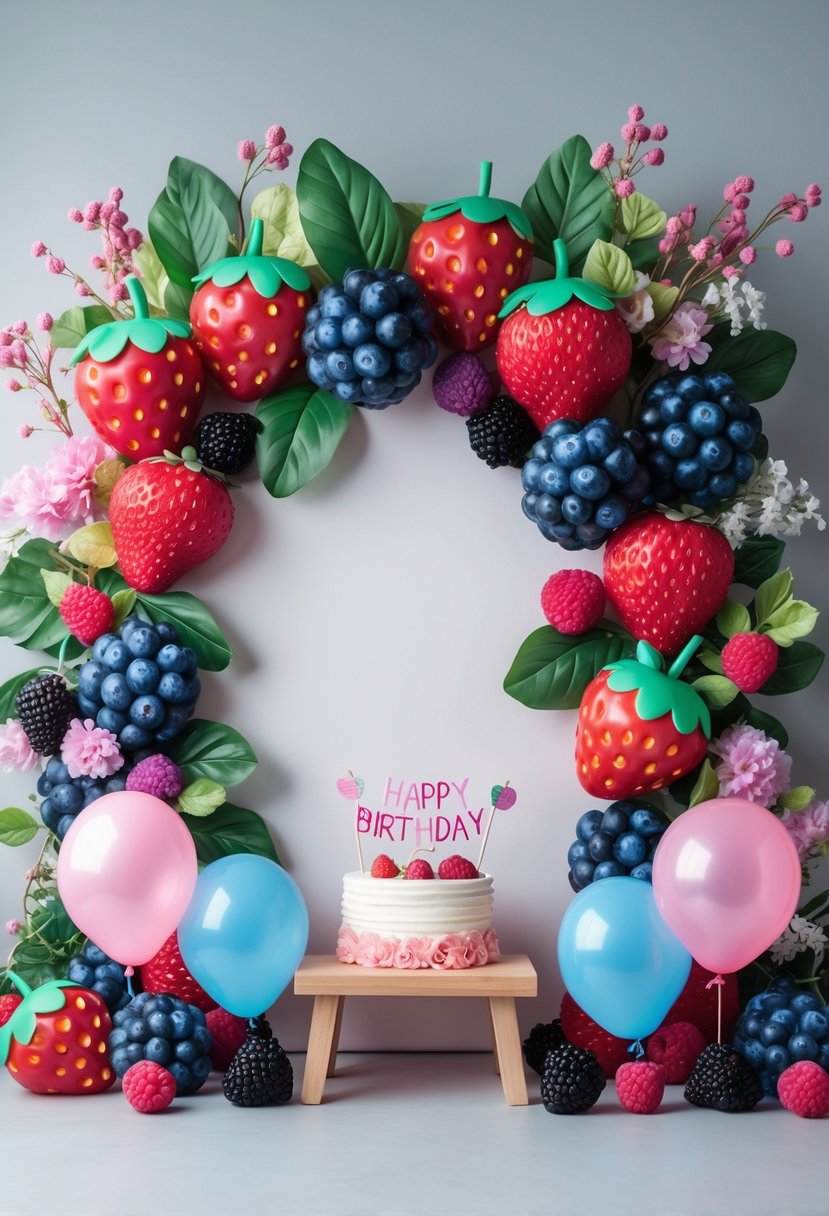 A colorful berry-themed photo booth backdrop with large artificial berries, green leaves, balloons, and birthday decorations arranged for a child's first birthday party.