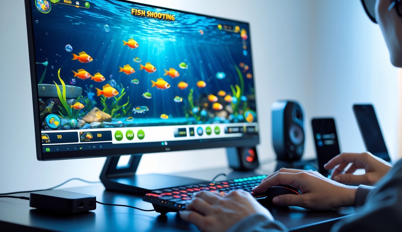 Seorang pemain sedang menggunakan komputer dengan layar menampilkan permainan tembak ikan berwarna-warni di lingkungan permainan yang rapi dan terang.
