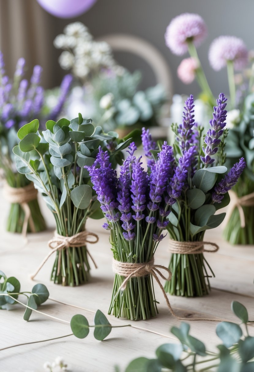 Bundles of eucalyptus leaves and lavender flowers arranged on a wooden table with blurred wildflowers and party decorations in the background.