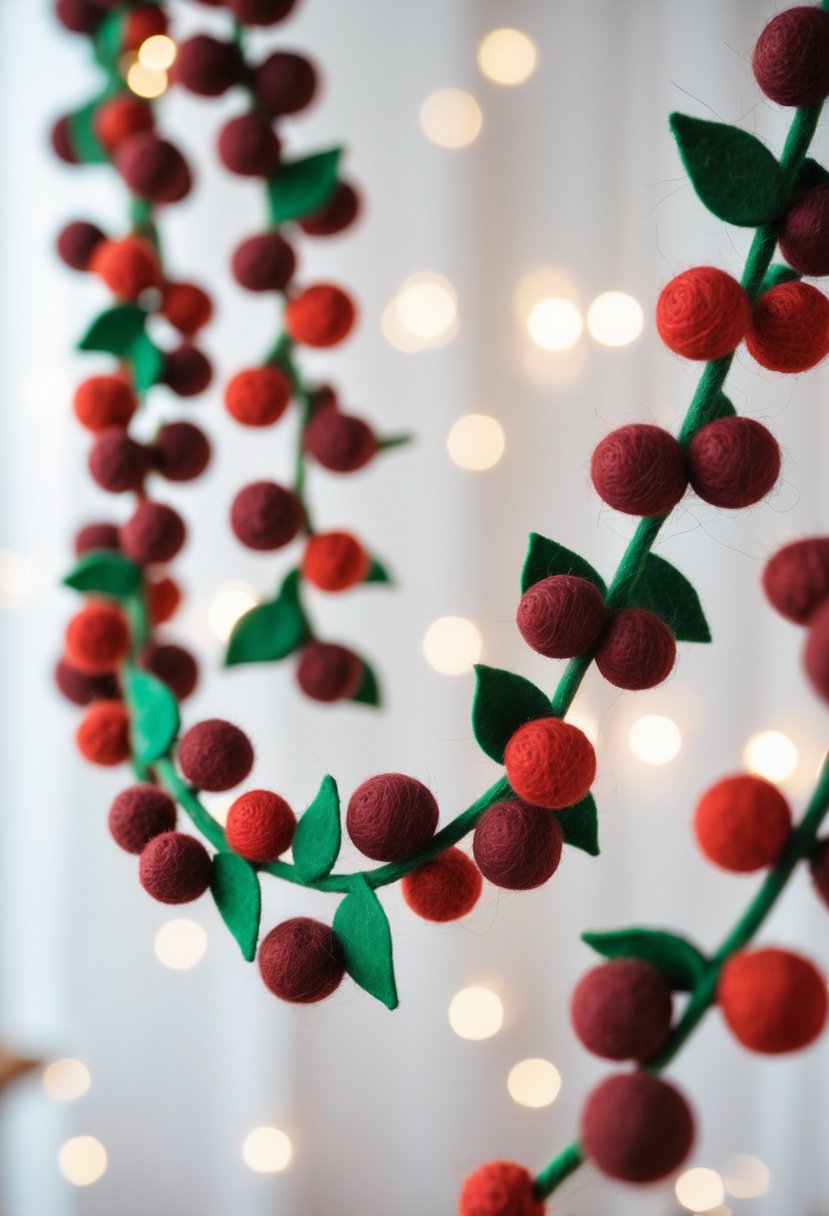 A close-up of a felt berry garland with red and burgundy berries and green leaves draped against a soft, neutral background.