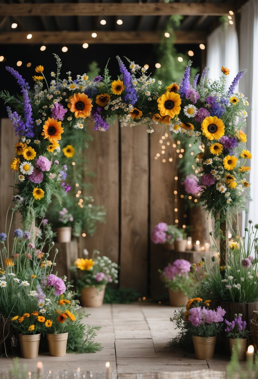 A colorful floral frame made of wildflowers surrounding a rustic photo booth setup decorated with greenery and fairy lights.
