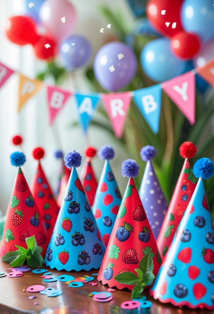 A collection of berry-printed party hats arranged on a decorated table for a first birthday party.