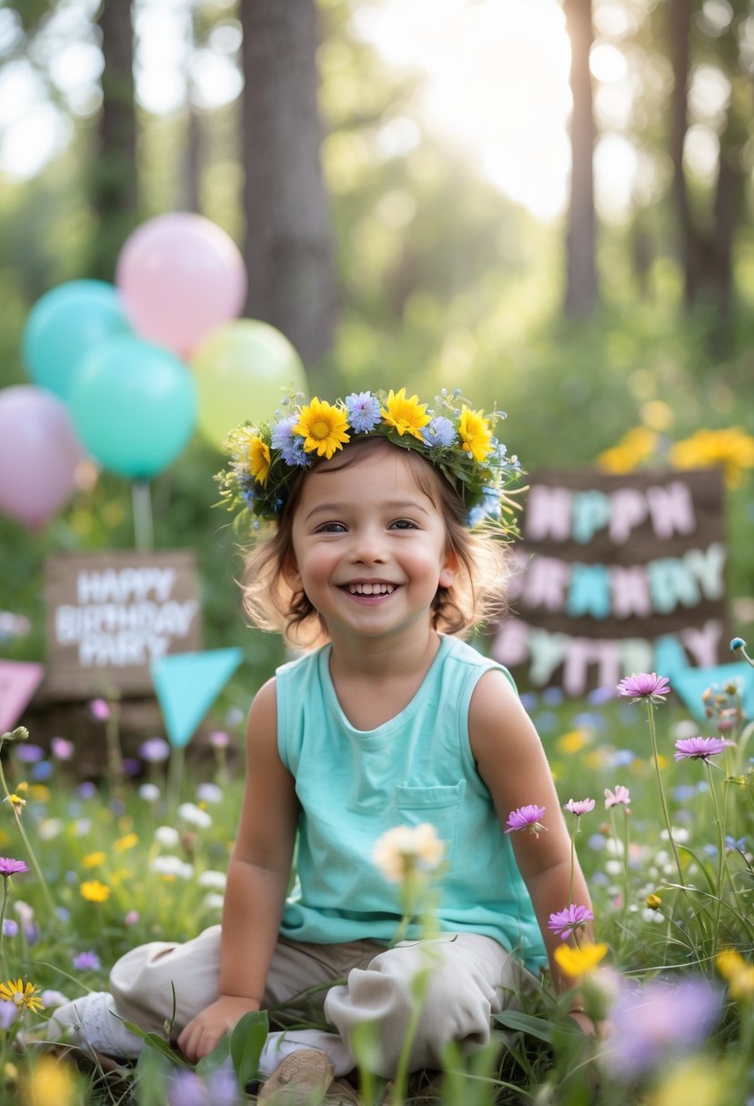 A child wearing a wildflower crown smiling outdoors surrounded by flowers and birthday decorations.