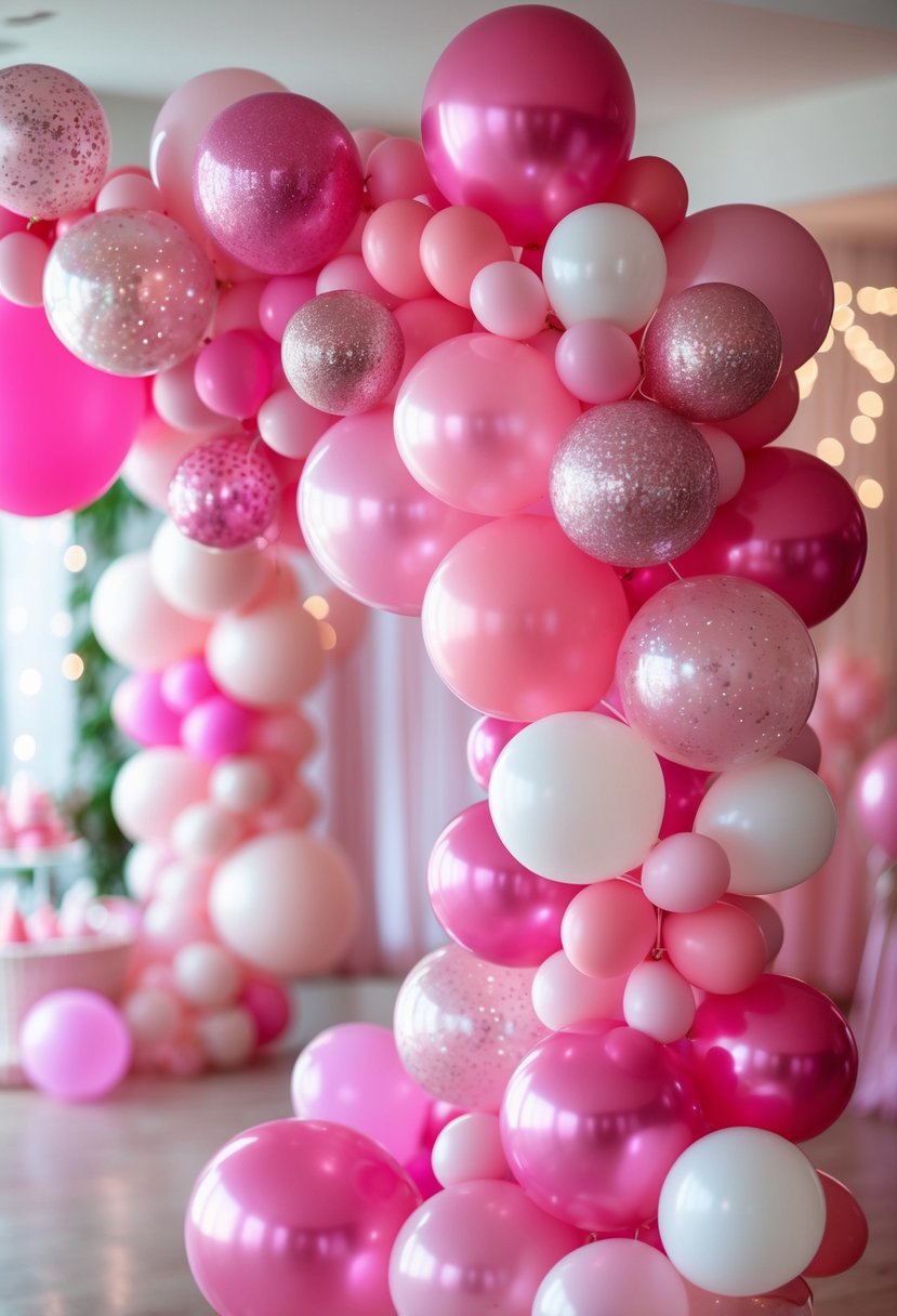 A colorful pink glitter balloon garland with various sized balloons arranged for a birthday party decoration.