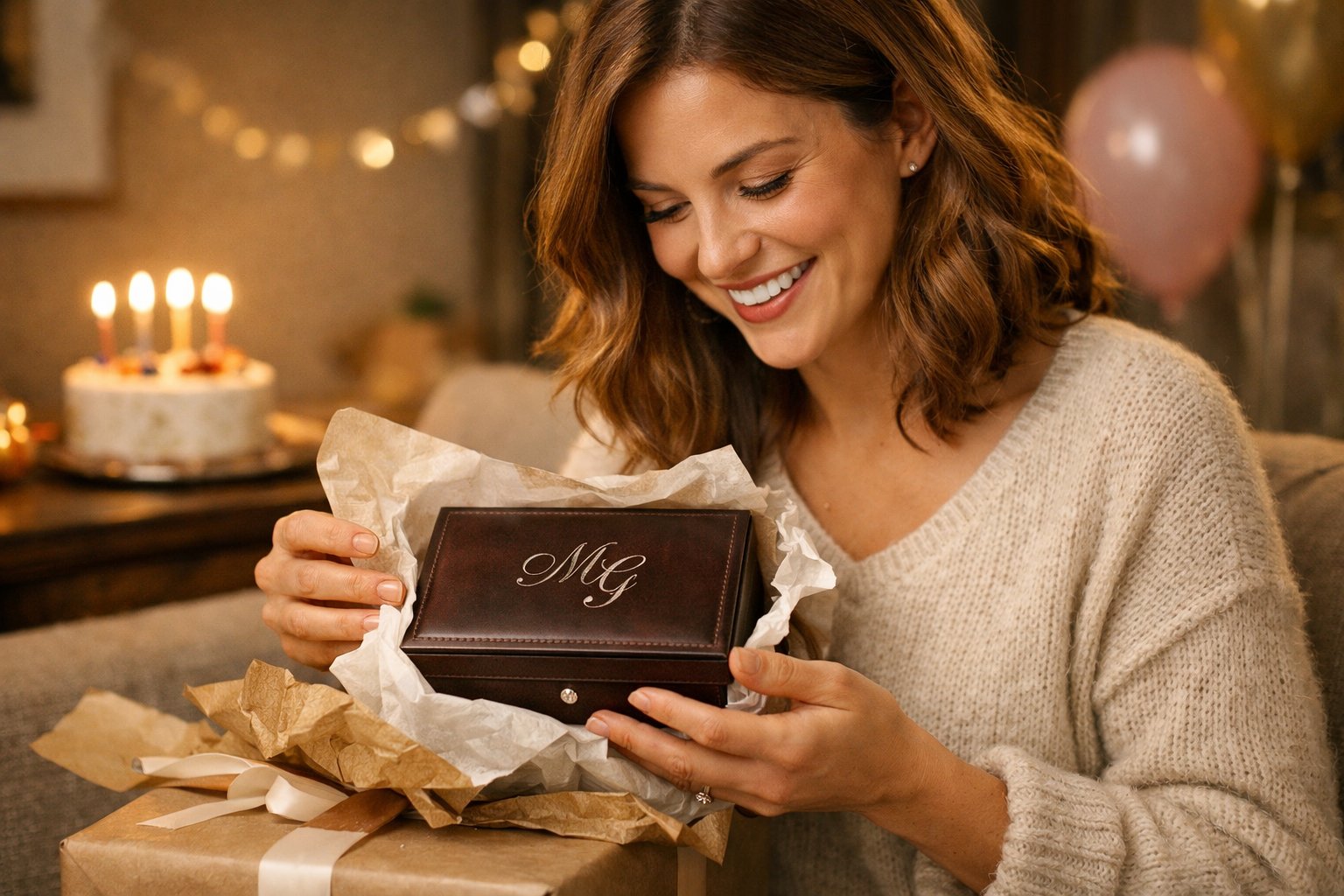 A woman happily unwrapping a personalized birthday gift in a cozy living room with birthday decorations nearby.