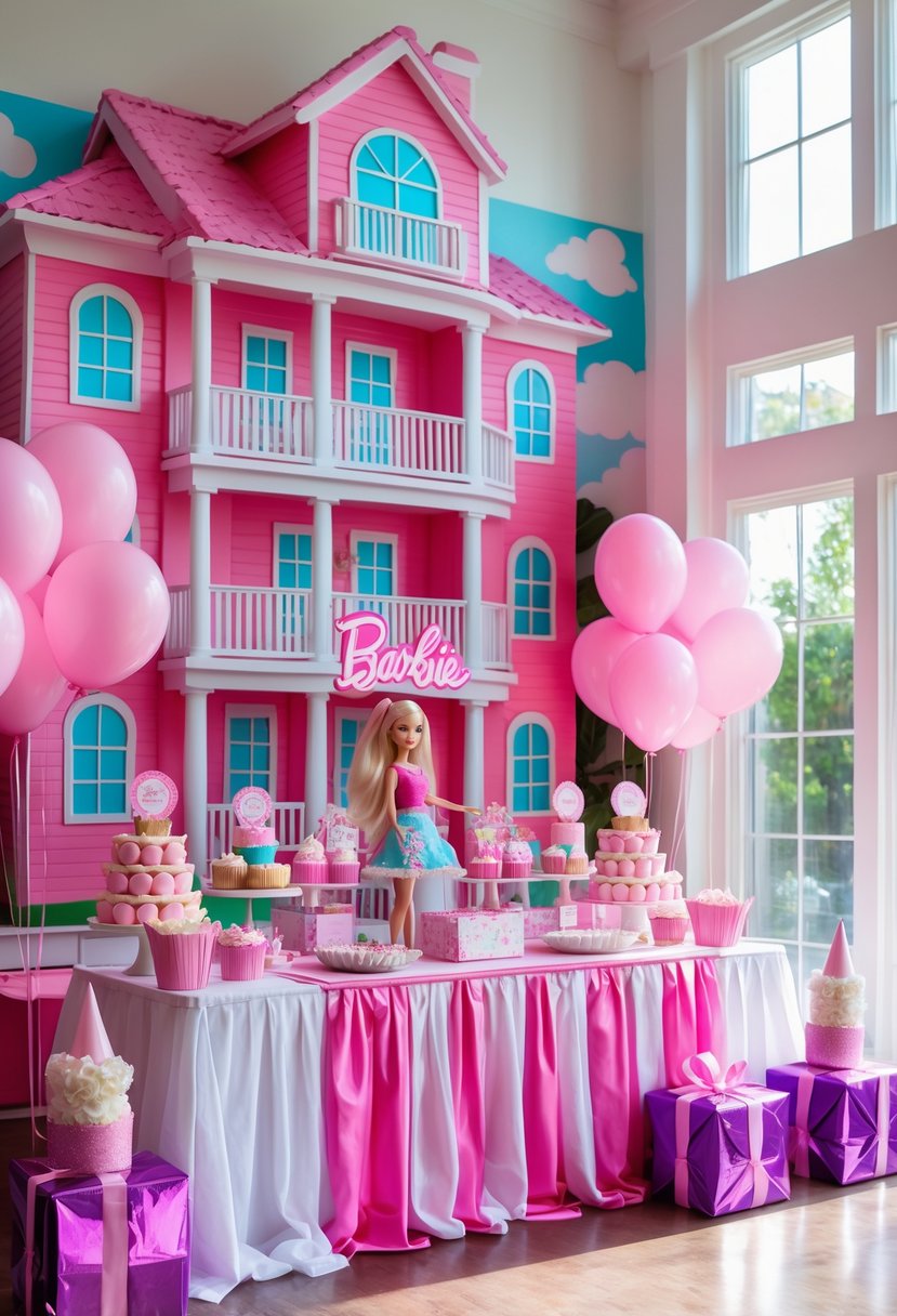 A colorful Barbie Dreamhouse-themed birthday party setup with a pink backdrop, decorated table with balloons, cupcakes, and Barbie dolls.