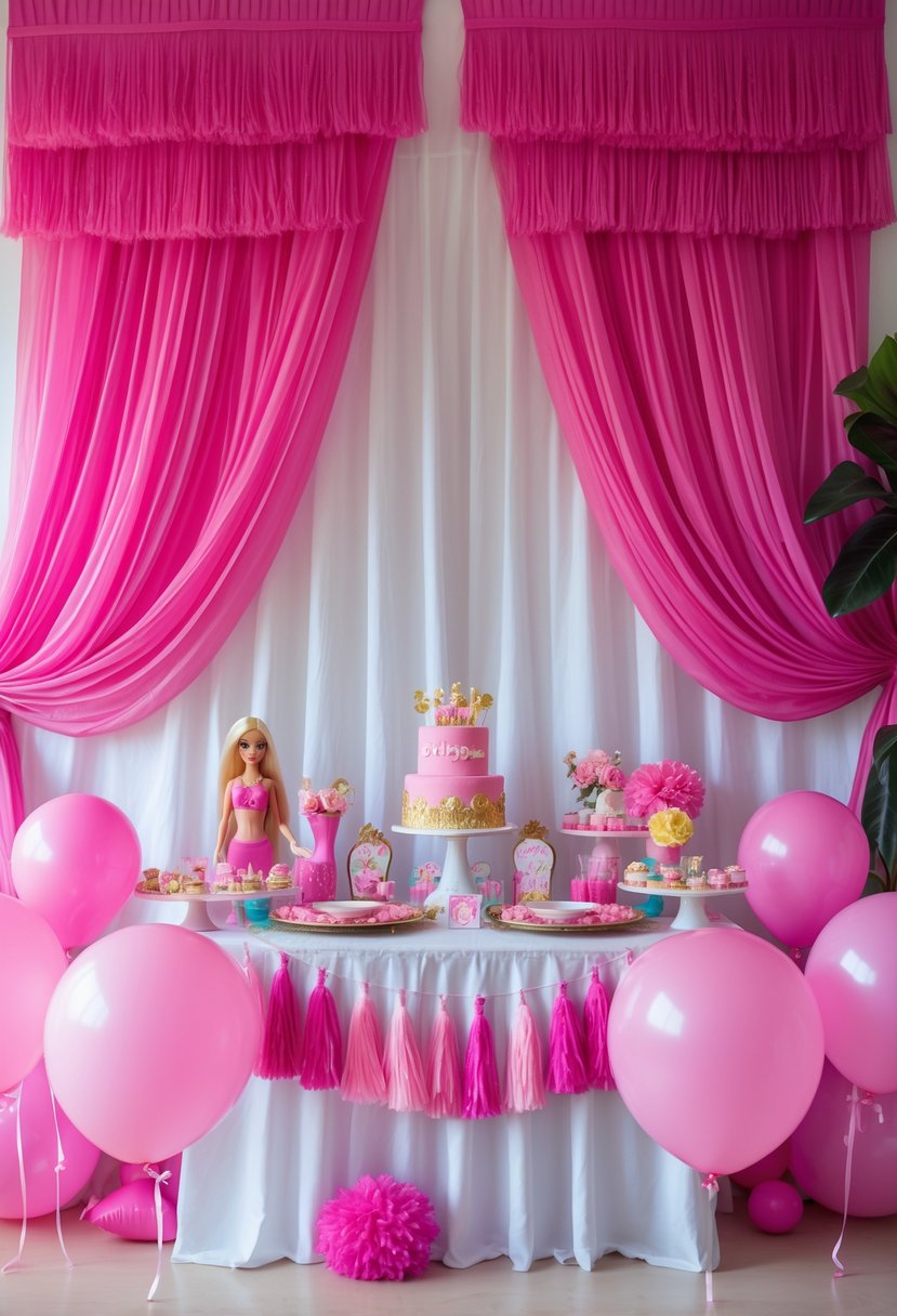 A birthday party setup with hot pink tassel curtains, pink balloons, Barbie dolls, and colorful decorations on a table.